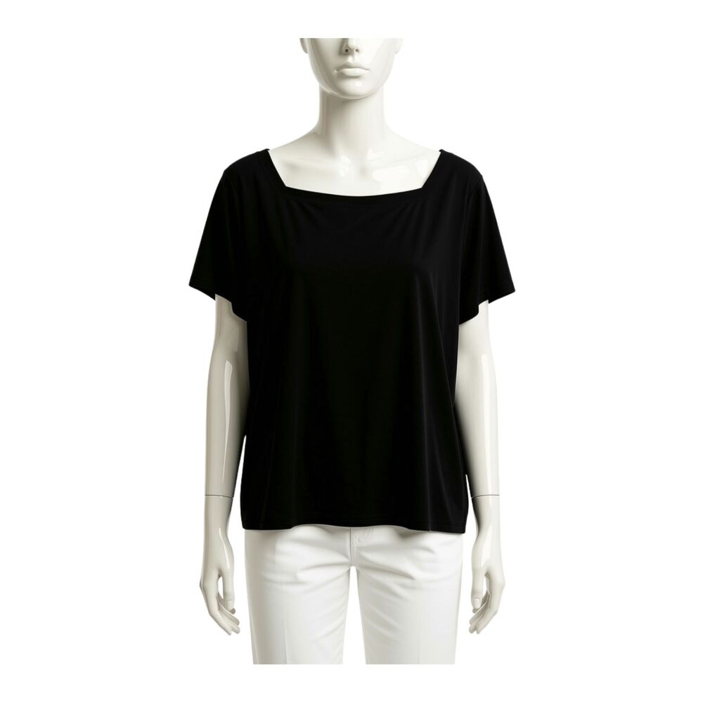 Susan Graver Liquid Knit Black Short Sleeve Square Neck Top Loose Fit XL - Picture 1 of 3